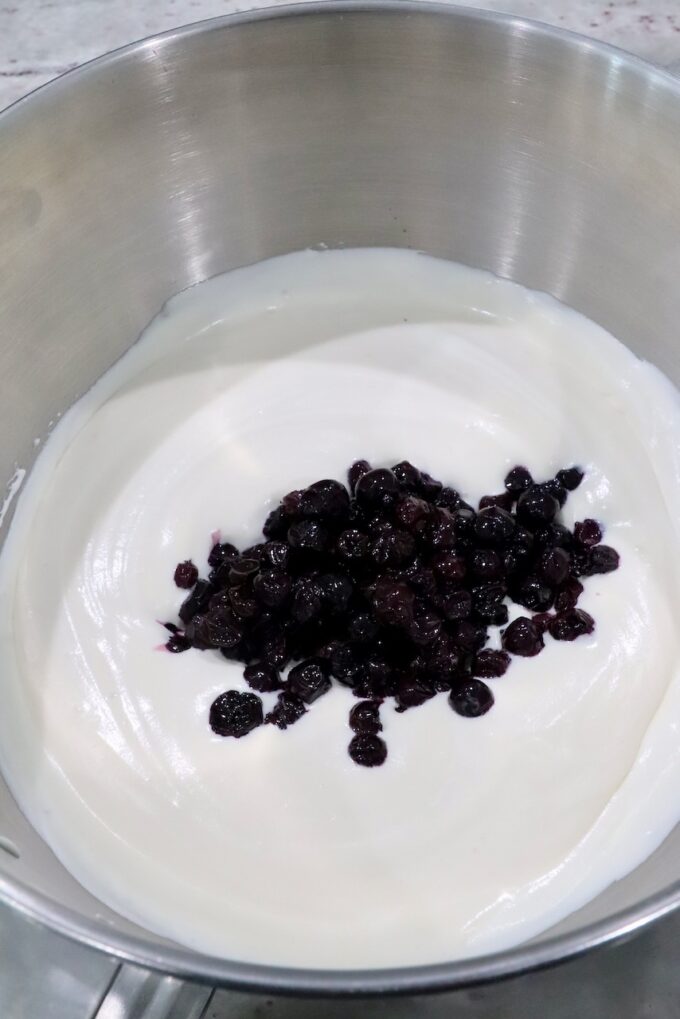 blueberry pie filling and ice cream base in a bowl