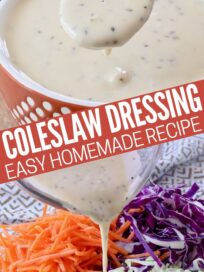 coleslaw dressing in small bowl with spoon and poured over shredded cabbage in large bowl