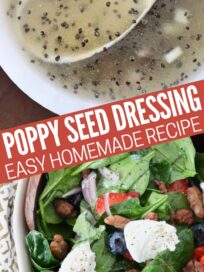 poppy seed dressing in small bowl with spoon and tossed with salad in large serving bowl