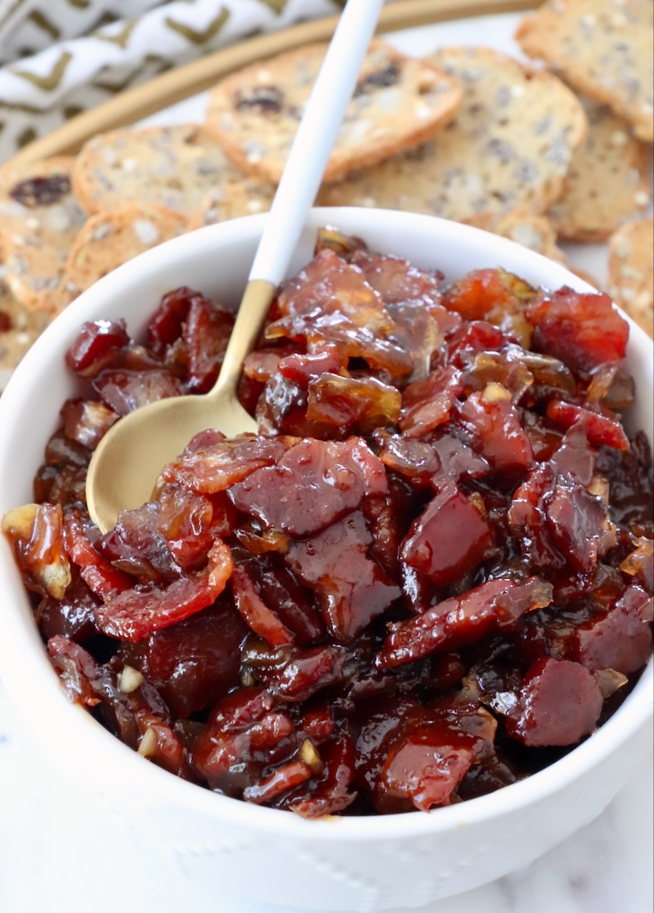 bacon jam in bowl with spoon