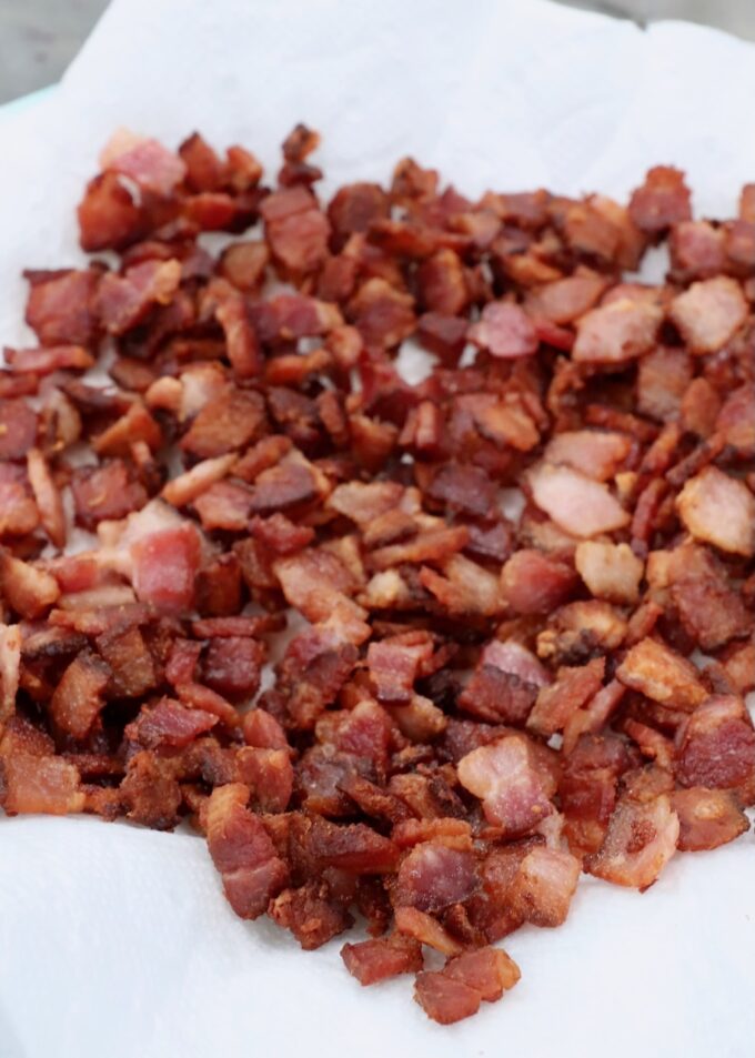 diced cooked bacon on paper towel