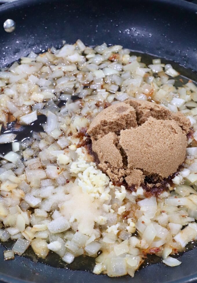 brown sugar, garlic and salt in skillet with diced onions