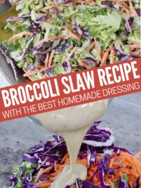 broccoli slaw in bowl with spoon and in bowl with dressing poured over the slaw