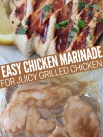 grilled sliced chicken on plate and raw chicken breasts in bag of marinade