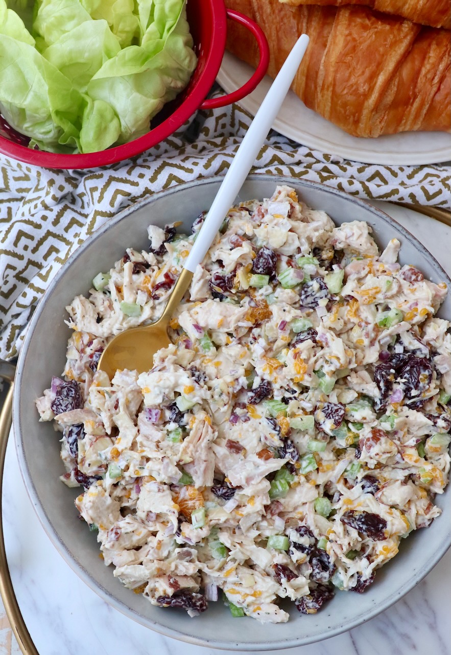chicken salad in bowl with spoon