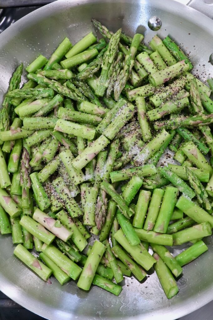 diced seasoned asparagus in skillet