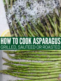 raw asparagus on parchment-lined baking sheet and grilled asparagus on plate topped with grated parmesan cheese