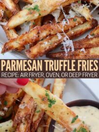 cooked french fries topped with parmesan cheese and parsley on plate and dipped into a small bowl of garlic parmesan sauce