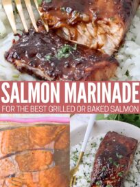 salmon in marinade in bag and cooked salmon in bowl of rice with fork