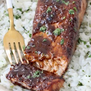 cooked glazed salmon in bowl with rice and fork