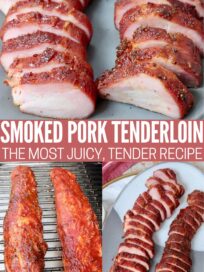 seasoned pork tenderloins on smoker and sliced on plate