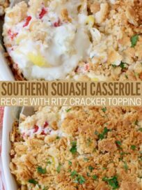 squash casserole topped with crushed cracker topping in baking dish with serving spoon