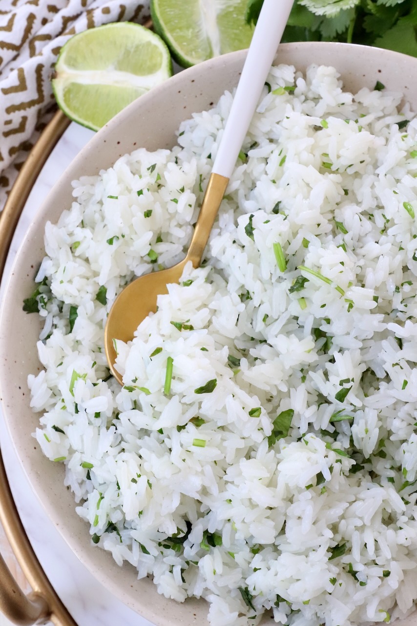 cilantro lime rice in bowl with spoon