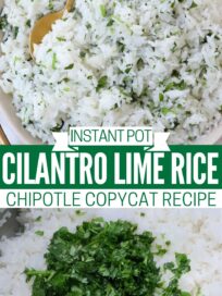 cilantro lime rice in bowl with spoon and in Instant Pot