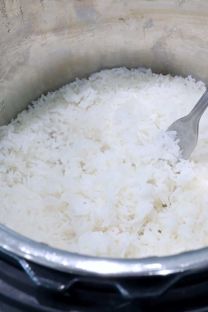 cooked white rice in instant pot with fork