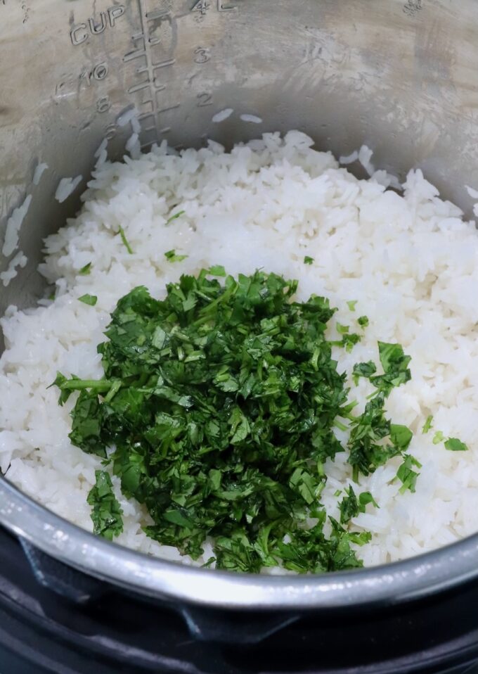 cooked white rice in instant pot with fresh cilantro