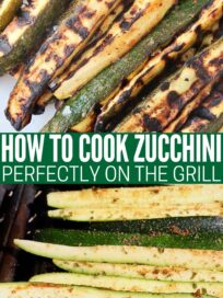 grilled zucchini on plate and seasoned zucchini spears on grill