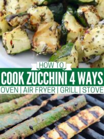 cooked diced zucchini on plate and seasoned zucchini spears on grill