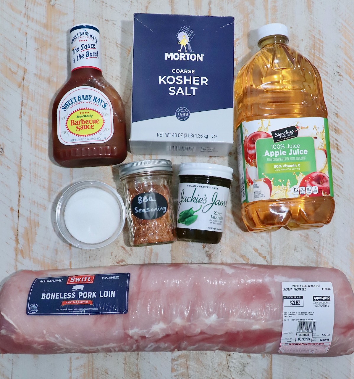 ingredients for smoked pork loin on white wood board