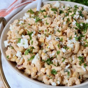 Mexican street corn salad in bowl with spoon