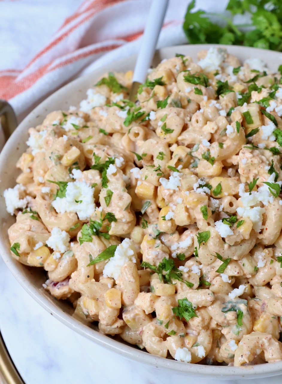 elote pasta salad in bowl with spoon