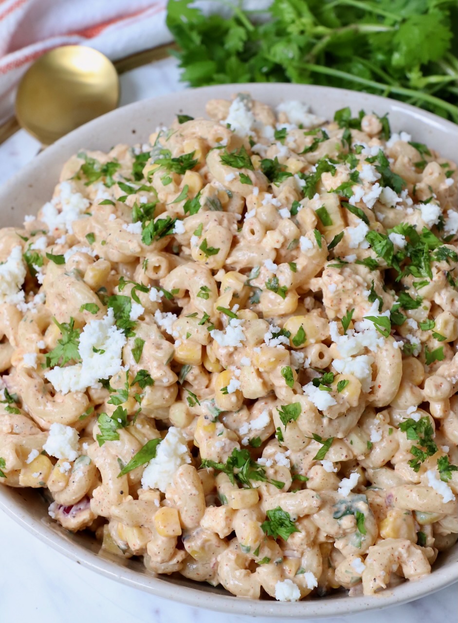 Mexican street corn pasta salad in bowl