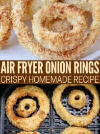 onion rings on plate and in air fryer basket