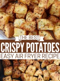 crispy cubes of roasted potatoes on plate and in air fryer basket