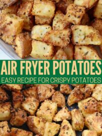 crispy cubes of roasted potatoes on plate and in air fryer basket