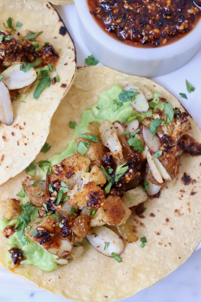 cauliflower taco on plate with salsa