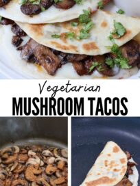 sauteed mushrooms in a skillet and in tacos in a skillet and on a plate