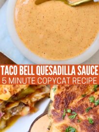 quesadilla sauce in a bowl with a spoon and in a bowl with a quesadilla dipped into the sauce