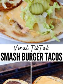 smash burger taco on griddle and on plate topped with lettuce and pickles