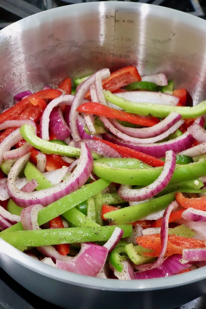 fajita veggies in pot on stove