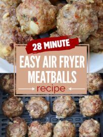 cooked meatballs in air fryer basket and on plate