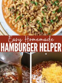 hamburger helper in a bowl and being prepared in a large pot