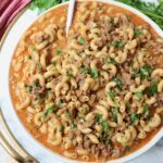 hamburger helper pasta in bowl with spoon