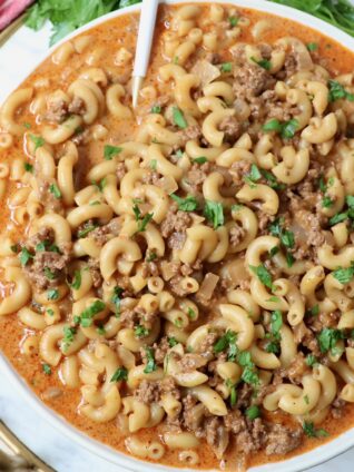 hamburger helper pasta in bowl with spoon