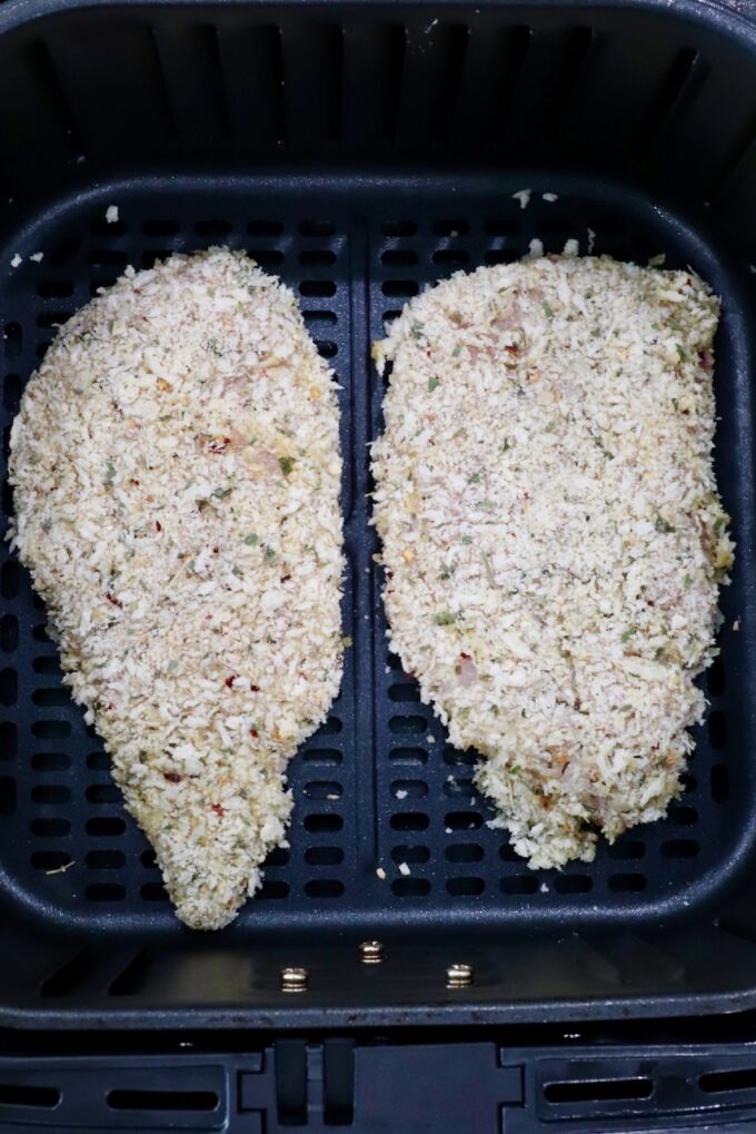 breaded chicken breasts in an air fryer