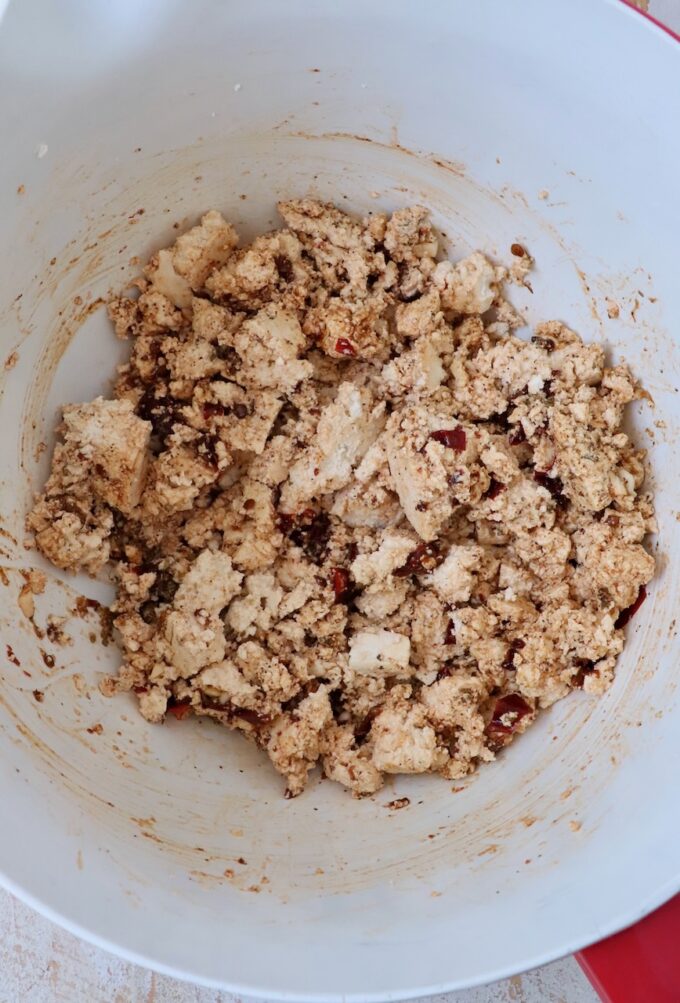 seasoned crumbled tofu in a large bowl