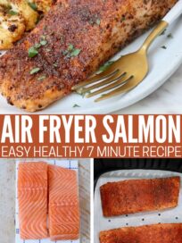 uncooked salmon filets on white board, seasoned salmon filets in air fryer basket and cooked salmon filet on a plate with a fork