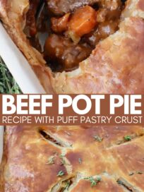 cooked beef pot pie with a puff pastry crust in a baking dish