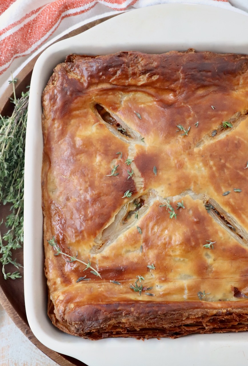 beef pot pie in a square baking dish