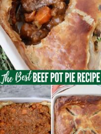 beef pot pie in a baking dish with a puff pastry crust