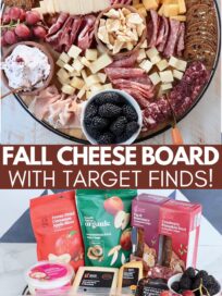 charcuterie board filled with meats, cheeses and fruits