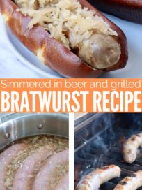 bratwurst sausages in liquid in pan, on grill and in buns on a plate