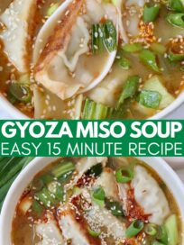 miso soup with gyoza in bowl with spoon