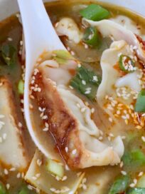 gyoza soup in bowl with spoon