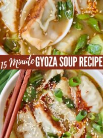 gyoza soup in bowl with spoon and chopsticks on the side