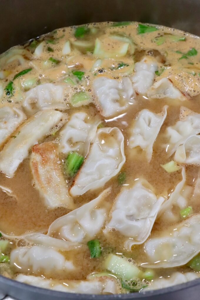 gyoza soup in a pot on the stove